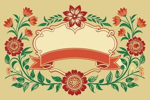 Floral frame with red ribbon and flowers on a beige background vector