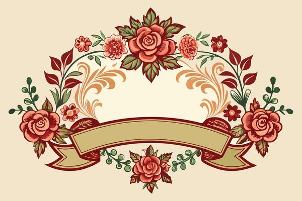 illustration of floral frame with ribbon and flowers