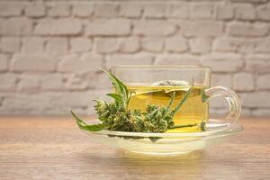 Cannabis tea in a teacup and marijuana buds flower isolated on a wooden table with white brick background photo