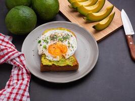 Toast with avocado and eggs served on a plate. Top view. Space for text. High vitamin fruit. Healthy fruit concept photo