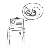 hand holding a paper with a house on it and a bubble with a speech bubble with the word vector