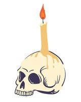 Illustration of human skull and burning candle. cranium used as candlestick. Human bone for Halloween decor or product design in mystical style, attribute for witches' magic rituals. vector
