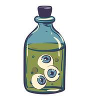illustration of a bottle with a potion. Magic vials with green potion and eyes for witchcraft, cartoon elixir, poison and antidote. Flat style. vector