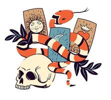 Mystical illustration with tarot cards, skull and snake. Occult symbols in flat style. Concept art for tattoo or project related to occultism. Witchcraft, astrological, esoteric, magic symbols. vector