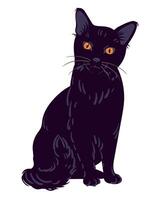 Black cat, illustration, cartoon character, animal in flat style. Magic familiar for witch, totem animal, symbol of wisdom and knowledge. Kitten sits and looks straight, on white background. vector