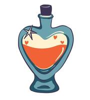 Magic love elixir in a heart-shaped bottle. Witchcraft potion to evoke feelings of love isolated on white. Witch poison on a white background. vector