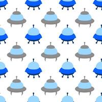 Alien gray and blue spaceships, spacecrafts and UFO Seamless Pattern. Cosmic ships in form saucer for transportation. Children design. cartoon flat illustration. vector
