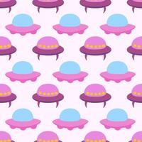 Alien purple spaceship, spacecrafts and UFO Seamless Pattern. Cosmic ship in form saucer for transportation. Children design. cartoon flat illustration. vector