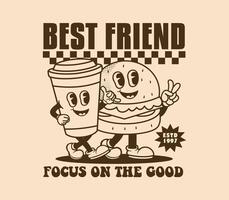 Best Friends Forever slogan featuring cartoon characters of coffee and burger in a retro style. Ideal for stickers, posters, and prints vector