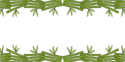 Bamboo frame, horizontal banner with green sticks, hand drawn bamboo doodles on white background. vector