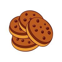 Cookies with chocolate chips crumbs and filling isolated on white background, icon and logo drawing. vector