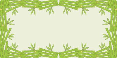 Green bamboo frame, horizontal banner with bamboo sticks and leaf shoots, hand drawn bamboo doodles on light green background. vector