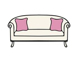 Modern sofa with pink pillows, cozy place for rest and relaxation, element of home interior, isolated on white background.Hand drawn contour doodle drawing. vector