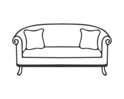 Venetian sofa contour drawing with pillows, cozy place for rest and relaxation, element of home interior, isolated on white background.Hand drawn contour doodle drawing. vector