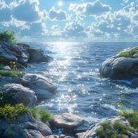 A painting of the ocean with rocks and grass photo