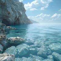 A picture of a beach with rocks and clear crystal water in the foreground photo