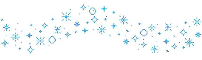 Pixel snow retro 8 bit sparkle wavy border seamless frame. Shiny game pixel art effect set. Firework burst, space decoration. 90s aesthetics, y2k vector