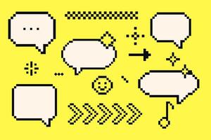 Set of pixel art cloud bubble quote box speech bubble dialog retro 8 bit arcade game interface, manga. Comic chat rectange pixel elements, arrow, star, heart. vector
