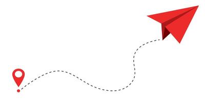 Paper plane red dashed line doodle sketch style drawing. Path way, follow idea. Business or travel design element. Paper aeroplane vector