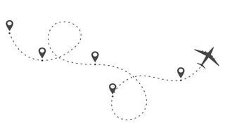 Plane timeine trail dashed line with pin. Infographic destination work process template. Airplane icons, roadmap infographic and travel path routes with location vector