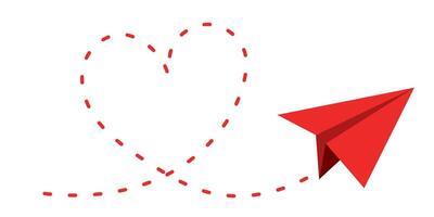 Paper plane red dashed line doodle sketch style drawing. Heart shape Pathway, follow idea. Business or travel design element. Paper aeroplane vector