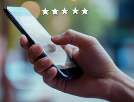 person holding smartphone displaying five stars icons illustrating feedback concept, user rating app experience, digital technology interaction photo