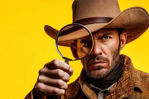 man holding magnifying glass and sheriff hat on isolated yellow back ground. photo