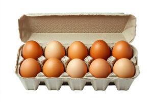 An open egg box containing ten brown eggs is isolated on a white background, emphasizing fresh organic chicken eggs stored in a carton pack with ample copy space provided. photo