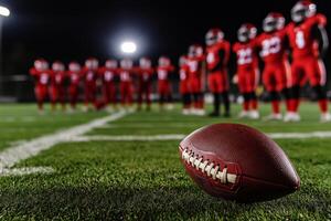 Close up of American Football on Field and blur American Football Players background. photo