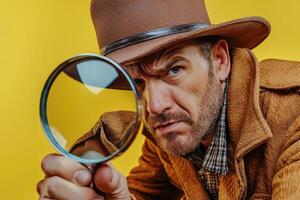man holding magnifying glass and sheriff hat on isolated yellow back ground. photo