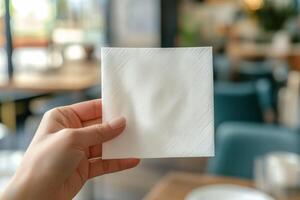 Woman hand holding a PLAIN square paper napkin. isolated background photo