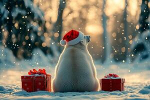 Polar bear wearing Christmas hat with gifts, snowflakes and sky. Winter landscape inscription, panoramic image. photo
