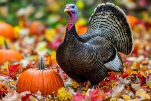 Thanksgiving turkey with autumn leaves and pumpkins. photo