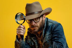 man holding magnifying glass and sheriff hat on isolated yellow back ground. photo