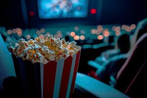 Close up on a red and white striped popcorn cup with lots of popcorn in a movie theater . photo