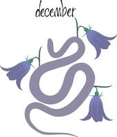 Snake in beautiful bells, print for shoppers, mugs, notebooks, posters, T-shirts, calendars. Snake poster with lettering of month name. Poster with Year of the Snake 2025. William Morris vector