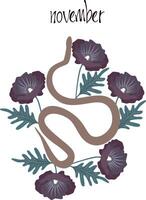 Snake in poppies, print for shoppers, mugs, notebooks, posters, T-shirts, calendars. Snake poster with lettering of month name. Poster with Year of the Snake 2025 vector