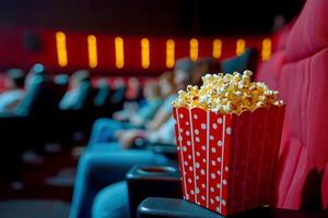 Close up on a red and white striped popcorn cup with lots of popcorn in a movie theater . photo