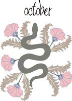 Snake in flowers and leaves in William Morris style, print for shoppers, mugs, notebooks, posters, T-shirts, calendars. Snake poster with lettering of month name. Poster with Year of the Snake 2025. vector
