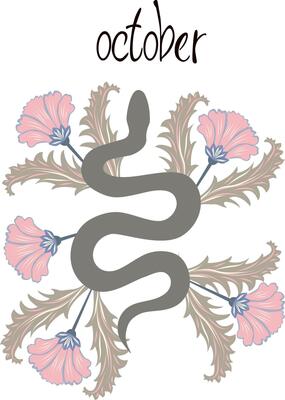 Snake in flowers and leaves in William Morris style, print for shoppers, mugs, notebooks, posters, T-shirts, calendars. Snake poster with lettering of month name. Poster with Year of the Snake 2025.
