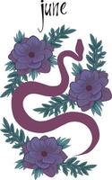 Snake in beautiful flowers and leaves, print for calendars. Snake poster with lettering of month name. Poster with Year of the Snake 2025. vector