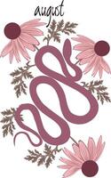 Snake in beautiful Echinaceas. Snake poster with lettering of month name. Poster with Year of the Snake 2025. William Morris style vector