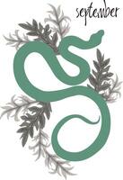 Green snake in leaves, print for calendars. Snake poster with lettering of month name. Poster with Year of the Snake 2025. vector