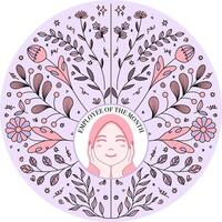 A circular design featuring a young woman wearing a hijab, surrounded by floral elements with the text EMPLOYEE OF THE MONTH. The color palette is soft and feminine, with shades of pink and purple. vector