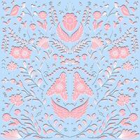 A symmetrical floral pattern illustration design with birds and floral elements on a light blue background. The design is intricate and delicate, resembling paper cutouts. vector