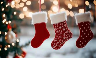 Three red christmas stockings on fireplace mantle photo