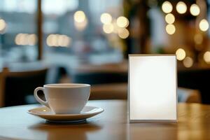 Mock up Menu frame with hot coffee on Table in Bar restaurant Stand for booklets with white sheets of paper acrylic tent card on cafeteria blurred background . photo