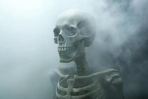 Foreboding skeleton amidst swirling smoke, symbolizing the elusive pursuit of understanding autoimmune disease origins in a hazy. photo