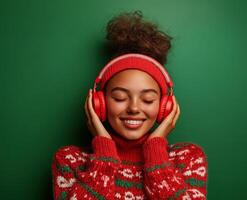 Young black woman with Christmas hat smiling and enjoying music with wireless headphones on a green background photo