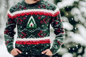 man wearing Christmas ugly sweater isolated background. photo